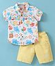 Ruff Cotton Woven Half Sleeves Shirt & Shorts Set With Animals Print - Lemon