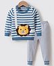 Kookie Kids Full Sleeves Pullover Sweater Set With Stripes & Bear Embroidery Detailing - Sky Blue