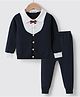 Kookie Kids Full Sleeves Front Open Collar Neck Sweater Set With Bow Applique - Navy Blue