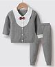 Kookie Kids Full Sleeves Front Open Collar Neck Sweater Set With Bow Applique - Grey