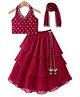 Babyhug Woven Sleeveless Halterneck Embroidered Choli With Foil Print Layered Lehenga & Dupatta Set - Hot Pink