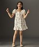 KIDSDEW Cotton Puff Sleeves Floral Printed Fit And Flare Knee Length Casual Dress - White