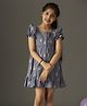 KIDSDEW Cotton Puff Sleeves Floral Printed Fit And Flare Knee Length Casual Dress - Grey
