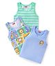 Babyhug 100 % Cotton Knit Sleeveless Sandos with Striped & Animal Print  Pack of 3- Blue & Green