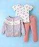 ToffyHouse 100% Cotton Knit Full Sleeves Bunny Design Cardigan With Top & Woven Cotton Corduroy Lounge Pants Set - Light Grey & Pink