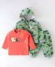 ToffyHouse 100% Cotton Knit Full Sleeves Hoodie With T-Shirt & Lounge Pants Set With Camouflage Print - Green & Red