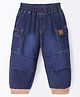 Little Kangaroos  100% Cotton Full Length Denim Jeans  with Teddy Patch Solid Colour - Dark Blue