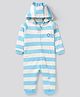 Bonfino 100% Cotton Knit Full Sleeves Front Open   Striped Hooded Romper with Hippo Print - White &Blue