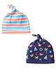 Babyhug 100% Cotton Striped & Beach Theme Print Caps Pack Of 2- Blue & Orange