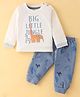 Mini Taurus Cotton Knit Full Sleeves  T-Shirt & Lounge Pants Set With Animals Print - Blue