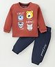 Mini Taurus Cotton Knit Full Sleeves T-Shirt & Lounge Pants Set With Animals Print - Rust Orange