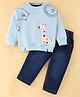Little Kangaroos Cotton Knit Full Sleeves T-Shirt & Jeans Set With Animals Patch & Print - Sky Blue