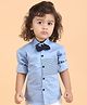 Polka Tots Cotton Full Sleeves Striped  Shirt With Bow Tie  - Blue