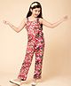 Piccolo Satin Sleeveless Floral Printed Jumpsuit With Waist Tie - Pink