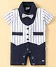 Mom's pet Half Sleeves Striped Mock Style Waistcoat With Bow Detailed Romper - Navy Blue
