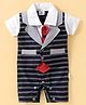 Mom's pet Half Sleeves Striped Mock Style Waistcoat With Tie Detailed Romper - Navy Blue
