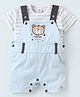 Mom's pet Half Sleeves Striped Tee With Bear Face Embroidered Dungaree Set - Blue