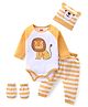 Babyhug 100% Cotton Knit Full Sleeves Lion Print Onesie with Striped Leggings and Cap Mittens - Yellow