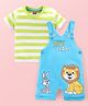 Babyhug Single Jersey Knit Striped Half Sleeves T-Shirt with Bunny & Lion Printed Dungaree - Blue & Green