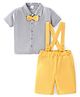 Babyhug Cotton Knit Half Sleeves Solid Shirt & Shorts Set With Attached Bow & Suspender - Grey & Yellow