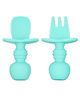 BabyGo Best Baby Weaning Spoon & Fork Set, Chewable Silicone Utensils, Stage 1 Training Utensils, Baby Led Self Feeding, Gum Friendly, Bpa Free - Blue