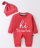 Mini Taurus Cotton Knit Full Sleeves Romper With Cap & Text Print - Coral