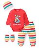 Babyhug 100% Cotton Knit Full Sleeves Dear Print Onesie with Striped Leggings and Cap Mittens - Red