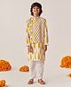 Pspeaches Full Sleeves Ethnic Motif Kurta & Solid Pyjama With Floral Printed Jacket Set - Grey