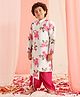 Pspeaches Full Sleeves Floral Printed Asymmetrical Kurta With Dhoti - Firozi