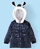 Babyhug Woven Full Sleeves Front Open Padded Hooded Jacket with Solid Colour & Ears Applique - Navy Blue