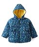 Babyhug Woven Full Sleeves Front Open Padded Hooded Jacket with Floral Print & Bow Applique - Teal Blue
