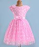 Bluebell Net Knit Half Sleeves Sequined Party Frock with Floral & Bow Applique - Pink