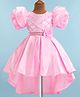 Bluebell Satin Knit Half Puffed Sleeves Floral Applique & Pearls Detailing High Low Party Frock - Pink