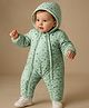 Babyhug Full Sleeves Hooded  Winter Romper Hearts Foil Print - Sea Green