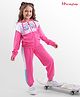 Honeyhap 100% Cotton Looper Knit Full Sleeves Hooded  Front Open Winter Wear Sweatshirt & Lounge Pant Set with Bio Finish & Text Print - Fandango Pink Bright White &  Atlantis Blue