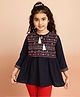 ISHTI Rayon Three Fourth Sleeves Abstract Embroidered Top - Navy Blue