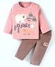 Child World Interlock Knit Full Sleeves T-Shirt & Woven Corduroy Pants Set With Animals Print - Pink & Brown
