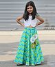 Mamma's Bear Sleeveless Gota Lace Floral Applique Detailed & Chevron Printed Lehenga With Choli Set - Green