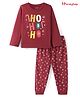 Honeyhap Premium 100%  Cotton Knit with Bio Finish Full Sleeves Night Suit with Christmas Theme Print - Wine Red