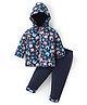 Babyhug Full Sleeves Hooded Front Zipper Padded Winter Wear Suit With Animals Print - Navy Blue