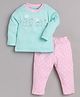 BABY GO Cotton Knit Full Sleeves  Cat Printed Tee & Pant Set - Pink