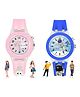 Spiky Set Of 2 Round 3D Cartoon Analog Watches -  Pink & blue