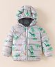 Kookie Kids Full Sleeves Padded Hooded Jacket with Dino Print & Ears Applique - Grey