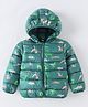 Kookie Kids Full Sleeves Padded Hooded Jacket with Dino Print & Ears Applique - Teal Blue