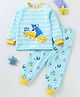 BLUSHES 100% Cotton Knit Full Sleeves Shark Printed Night Suit - Sea Green