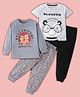 BLUSHES 100% Cotton Knit Pack Of 2 Full Sleeves Teddy Bear Printed Night Suits - Grey White Melange & Black