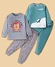 BLUSHES 100% Cotton Knit Pack Of 2 Full Sleeves Teddy Bear & Penguins Printed Night Suits - Grey & Olive Green