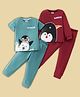 BLUSHES 100% Cotton Knit Pack Of 2 Full Sleeves Penguins Printed Night Suits - Olive Green & Maroon