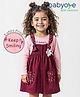 Babyoye Twill Woven Solid Dyed Frock & Full Sleeves Inner Tee With Floral & Text Print - Wine