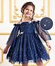 Mark & Mia Cold Shoulder Sleeves Pleated Party Frock with Star Glitter Detailing & Bow Applique - Navy Blue